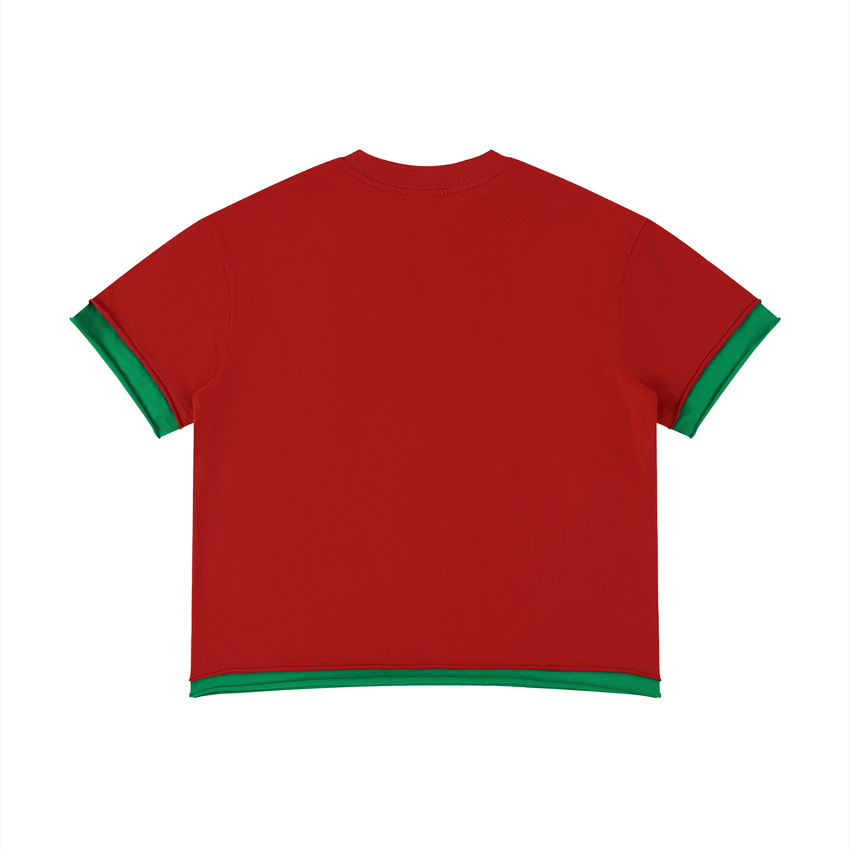 Unisex Boxy Color Block T-Shirt in red with grass green, alternate angle