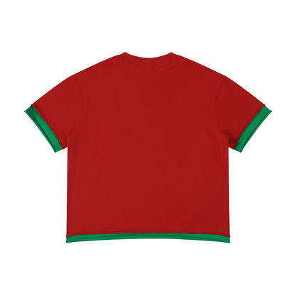 Unisex Boxy Color Block T-Shirt in red with grass green, alternate angle