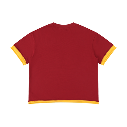 Unisex Boxy Color Block T-Shirt in red with yellow, alternate angle