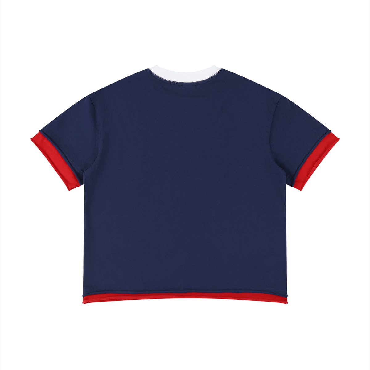 Unisex Boxy Color Block T-Shirt in royal blue with red, alternate angle