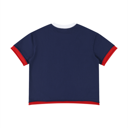 Unisex Boxy Color Block T-Shirt in royal blue with red, alternate angle