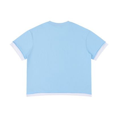 Unisex Boxy Color Block T-Shirt in sky blue with white, alternate angle
