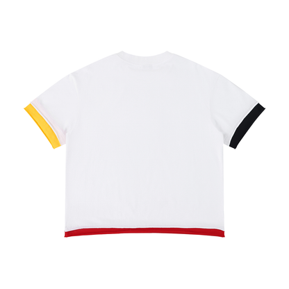 Unisex Boxy Color Block T-Shirt in white with red, alternate angle