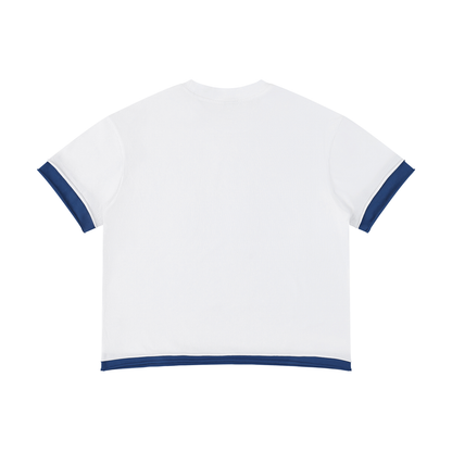 Unisex Boxy Color Block T-Shirt in white with royal blue, alternate angle