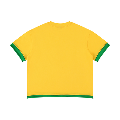 Unisex Boxy Color Block T-Shirt in yellow with green, alternate angle