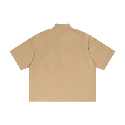 Unisex Boxy Heavyweight Short Sleeve Shirt in khaki, alternate angle