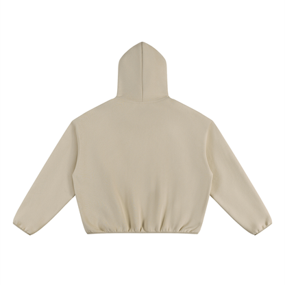 Unisex Boxy Piping Fleece Hoodie in khaki, alternate angle
