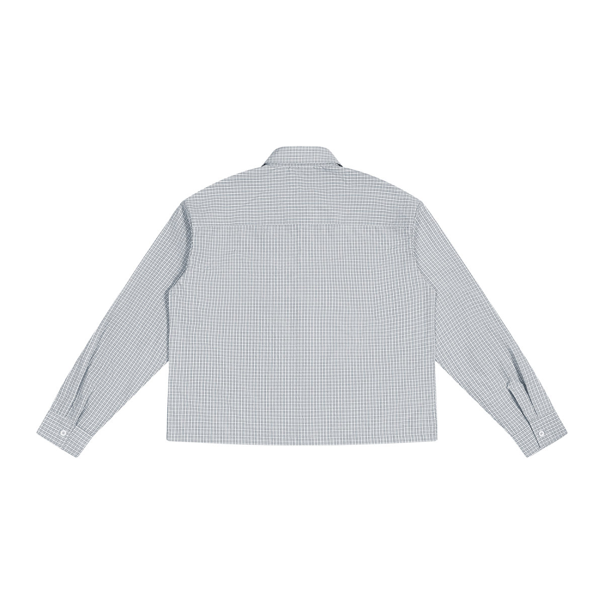 Unisex Boxy Plaid Long Sleeve Shirt in gray plaid, alternate angle