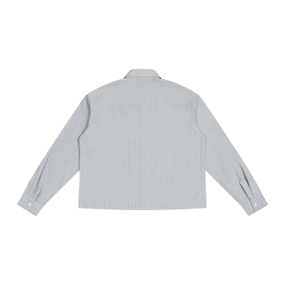 Unisex Boxy Plaid Long Sleeve Shirt in gray plaid, alternate angle
