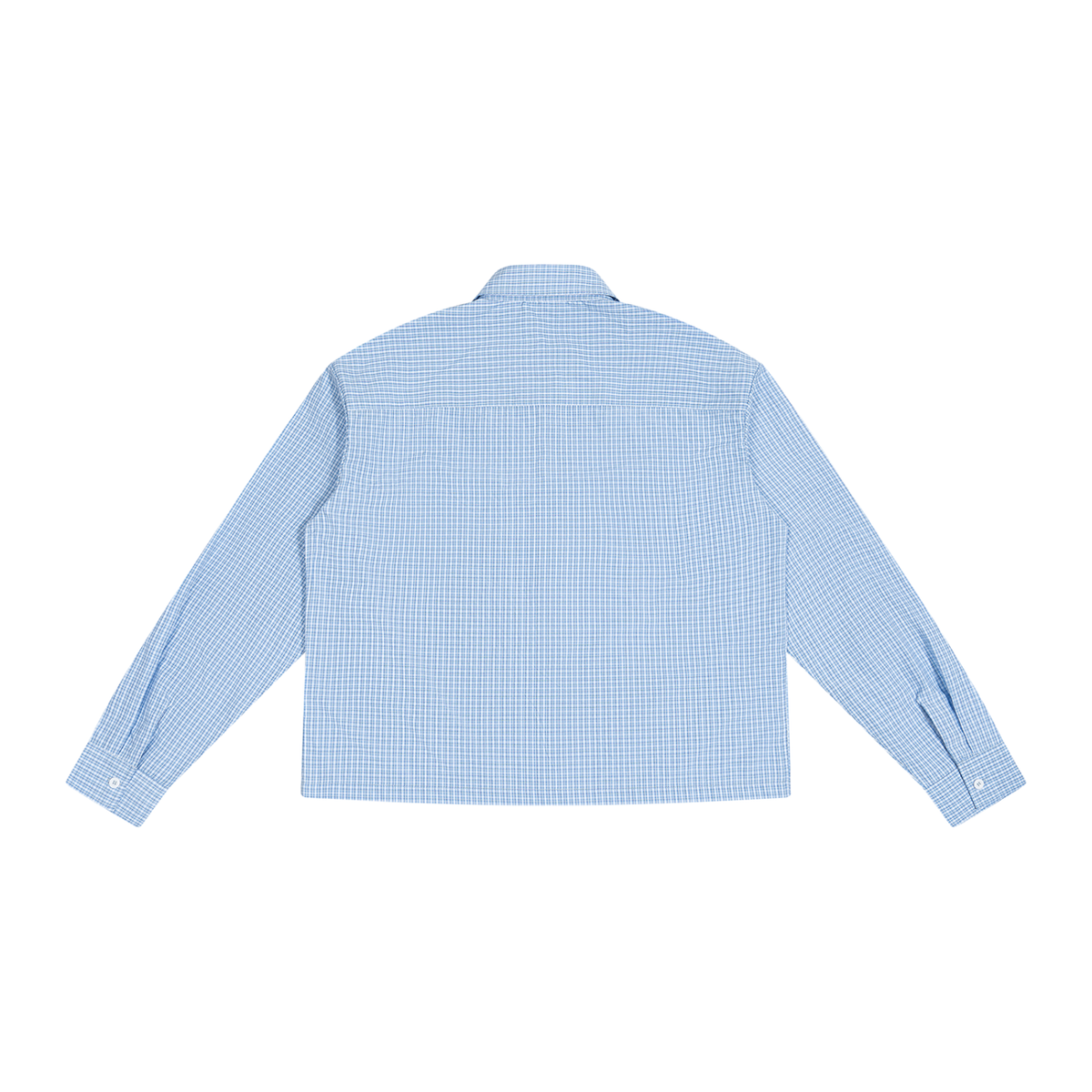 Unisex Boxy Plaid Long Sleeve Shirt in light blue plaid, alternate angle