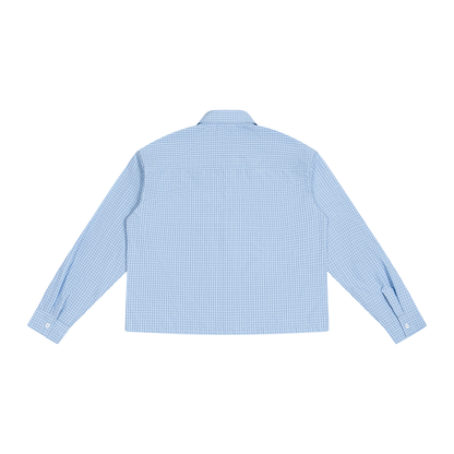 Unisex Boxy Plaid Long Sleeve Shirt in light blue plaid, alternate angle