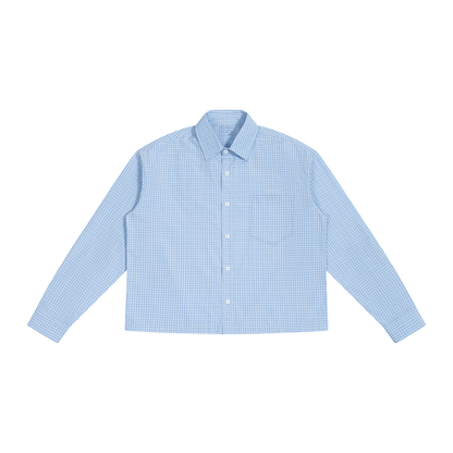 Unisex Boxy Plaid Long Sleeve Shirt in light blue plaid