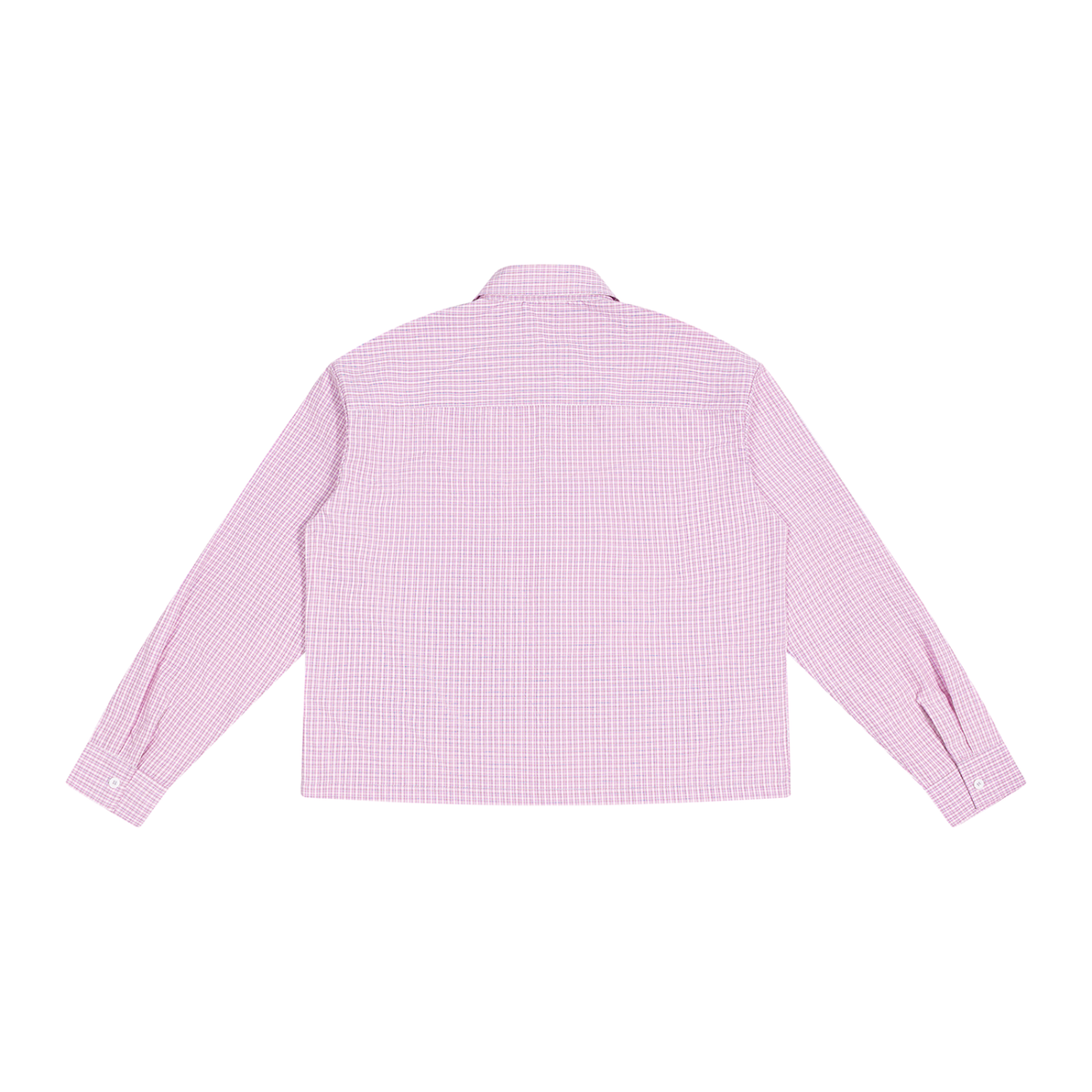 Unisex Boxy Plaid Long Sleeve Shirt in pink plaid, alternate angle