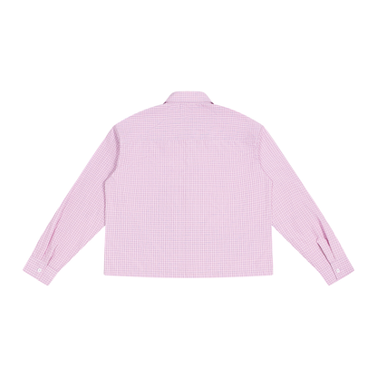 Unisex Boxy Plaid Long Sleeve Shirt in pink plaid, alternate angle
