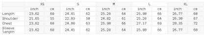 Size chart for the Unisex Boxy Raw Edge Hoodie