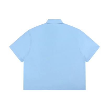 Unisex Boxy Short Sleeve Shirt in blue, alternate angle