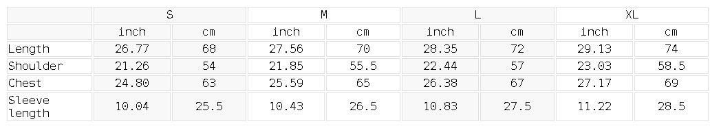 Size chart for the Unisex Boxy Short Sleeve Shirt