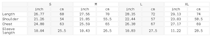 Size chart for the Unisex Boxy Short Sleeve Shirt