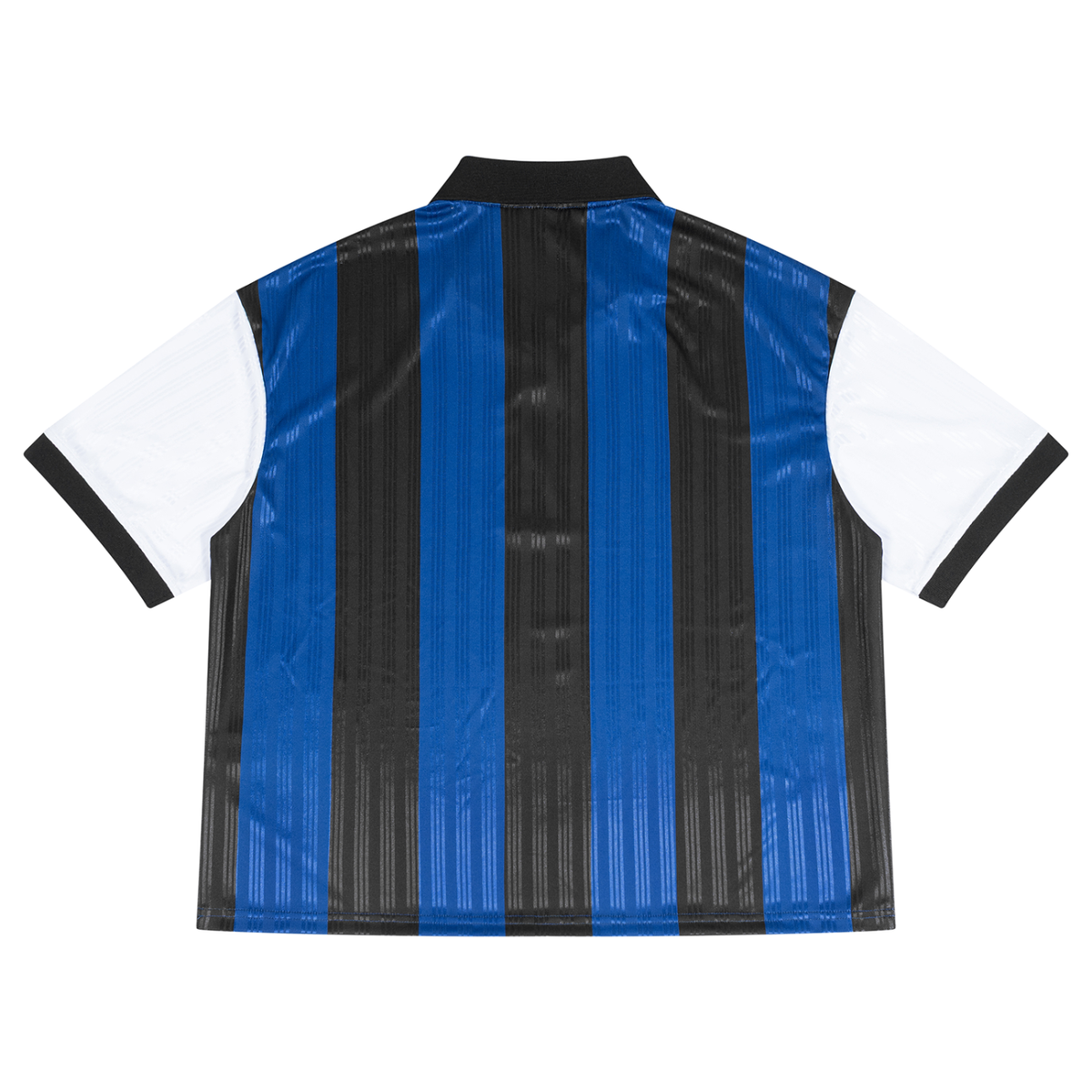 Unisex Boxy Striped Collared Soccer Jersey in black with navy blue, alternate angle
