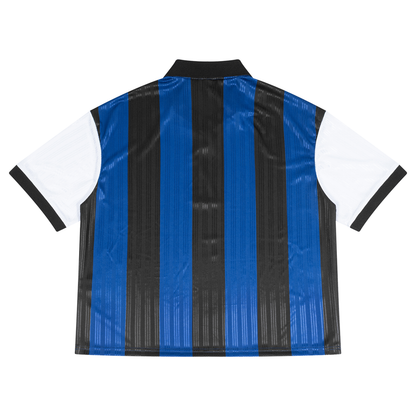 Unisex Boxy Striped Collared Soccer Jersey in black with navy blue, alternate angle