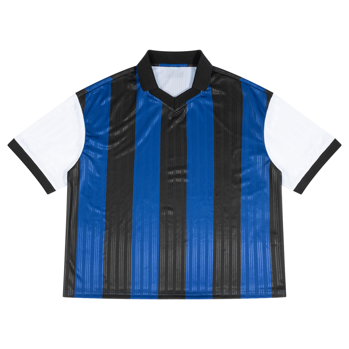 Unisex Boxy Striped Collared Soccer Jersey in black with navy blue
