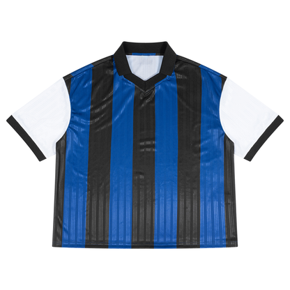 Unisex Boxy Striped Collared Soccer Jersey in black with navy blue