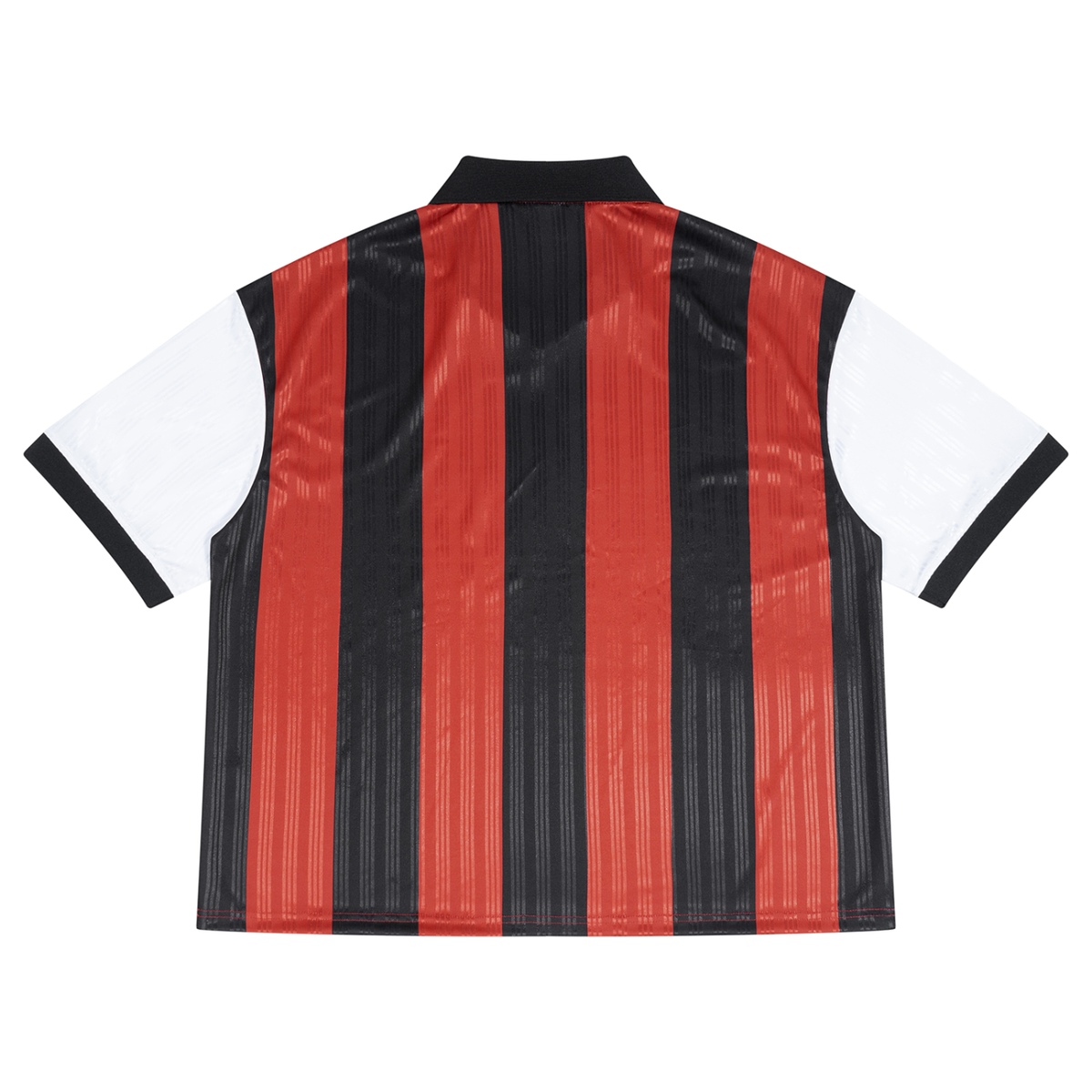 Unisex Boxy Striped Collared Soccer Jersey in black with red, alternate angle