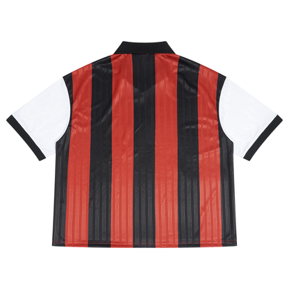 Unisex Boxy Striped Collared Soccer Jersey in black with red, alternate angle
