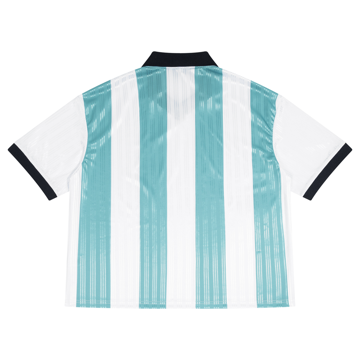 Unisex Boxy Striped Collared Soccer Jersey in white with sky blue, alternate angle