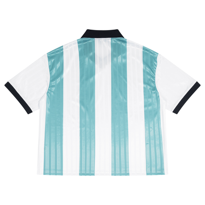Unisex Boxy Striped Collared Soccer Jersey in white with sky blue, alternate angle