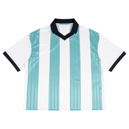 Unisex Boxy Striped Collared Soccer Jersey in white with sky blue