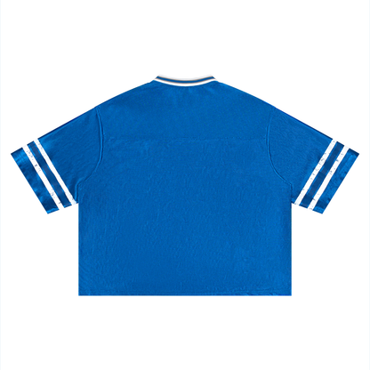 Unisex Boxy Striped Soccer Jersey in blue, alternate angle