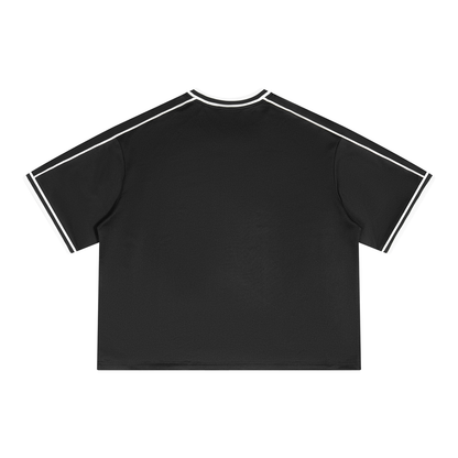Unisex Boxy V-Neck Soccer Jersey in black with red, alternate angle