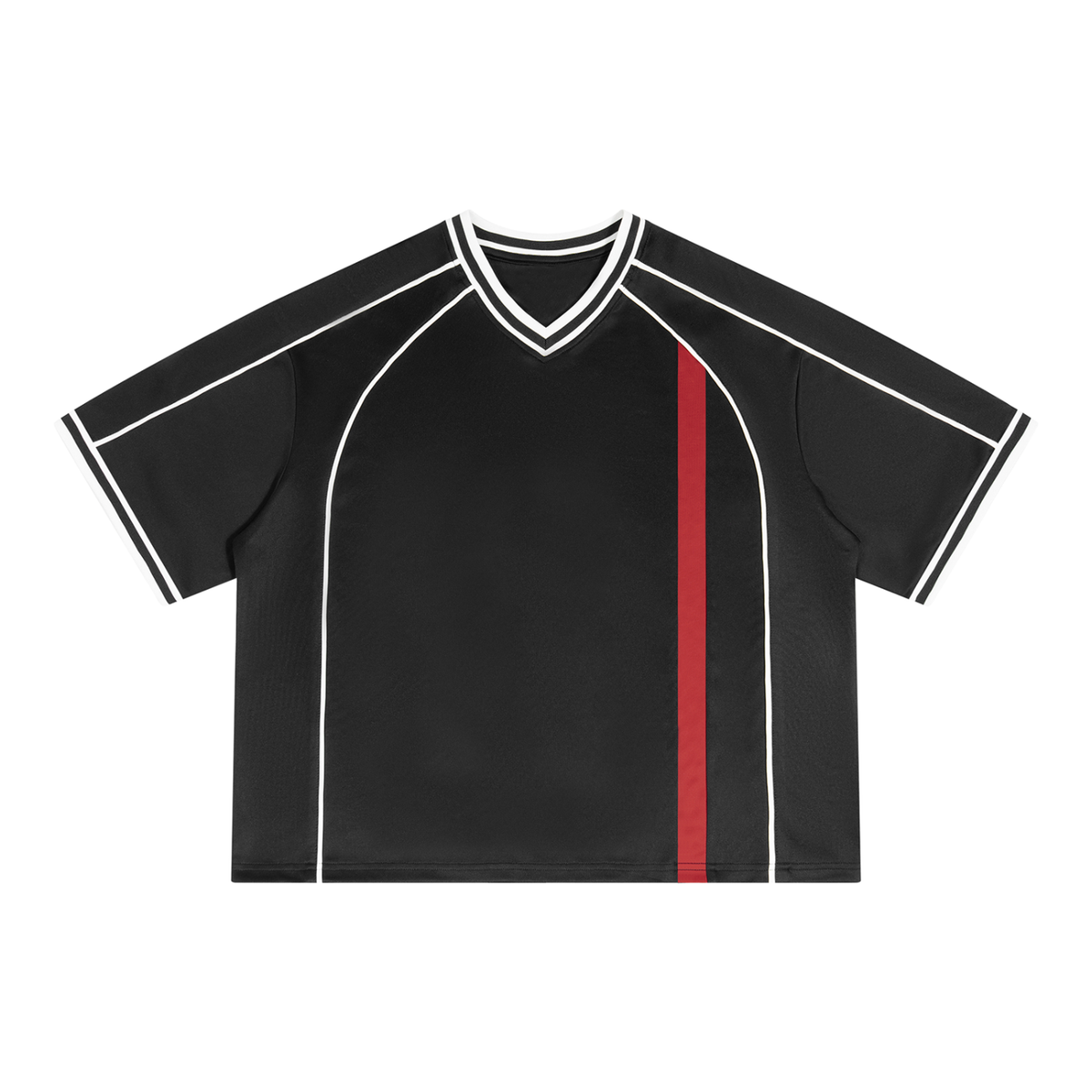 Unisex Boxy V-Neck Soccer Jersey in black with red