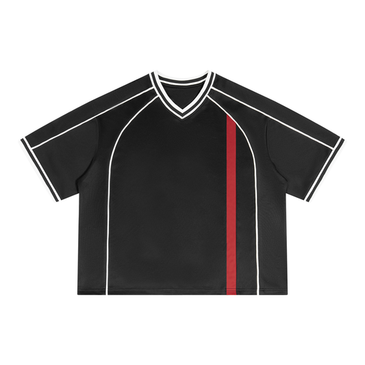Unisex Boxy V-Neck Soccer Jersey in black with red