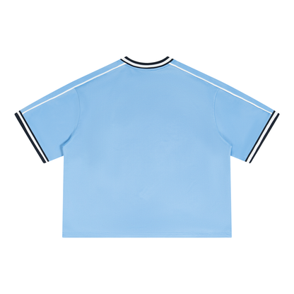 Unisex Boxy V-Neck Soccer Jersey in sky blue with white, alternate angle