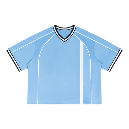 Unisex Boxy V-Neck Soccer Jersey in sky blue with white