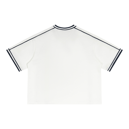 Unisex Boxy V-Neck Soccer Jersey in white with red, alternate angle