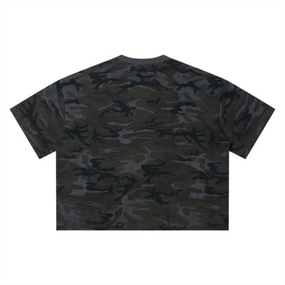 Unisex Camo Boxy T-Shirt in gray camo, alternate angle