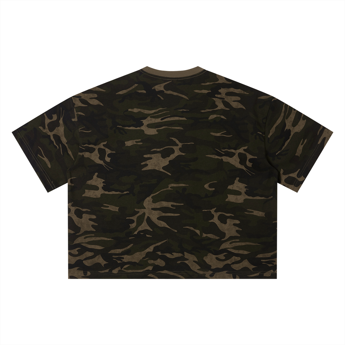 Unisex Camo Boxy T-Shirt in khaki camo, alternate angle