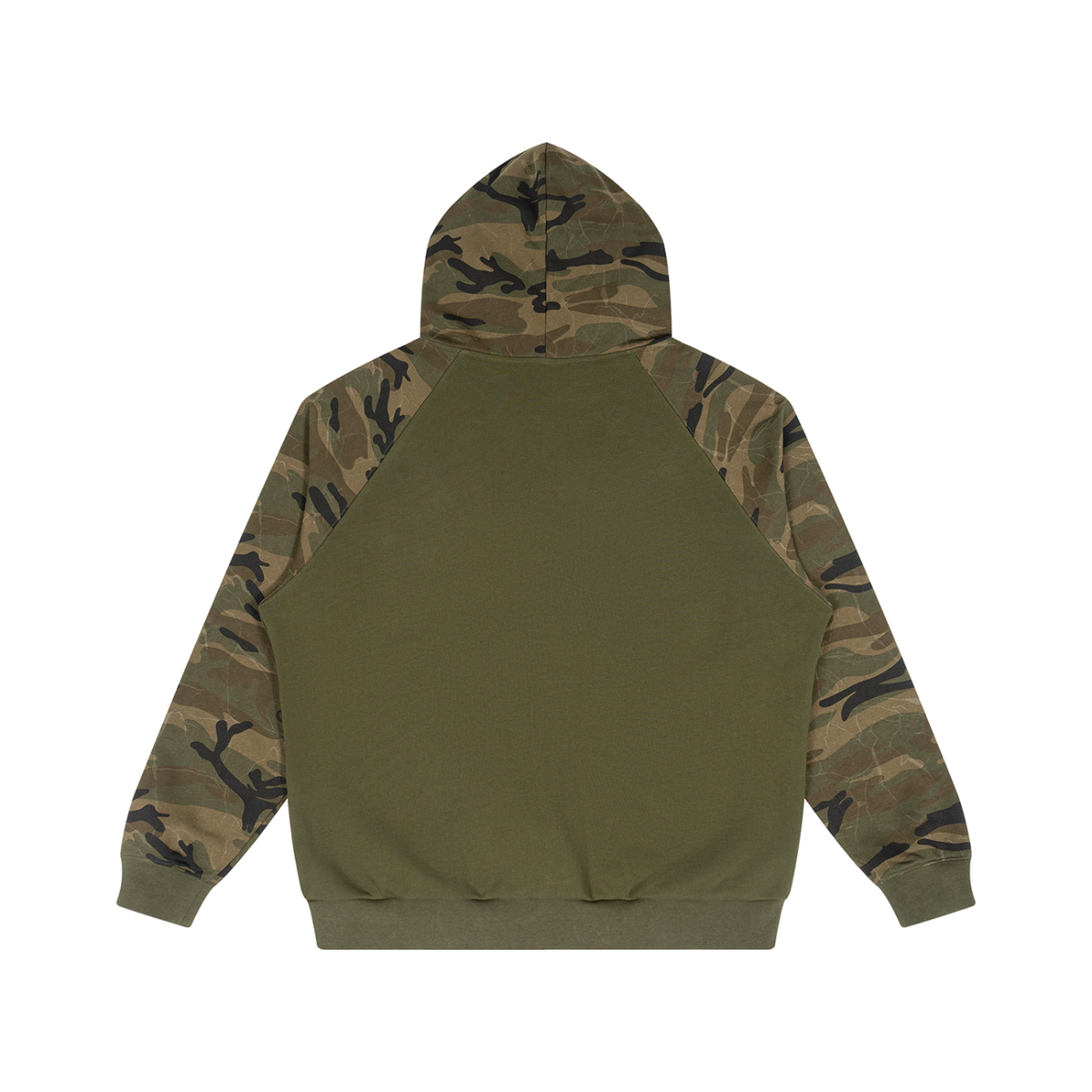 Unisex Camo-Splice Raglan Hoodie in army green with green camo, alternate angle
