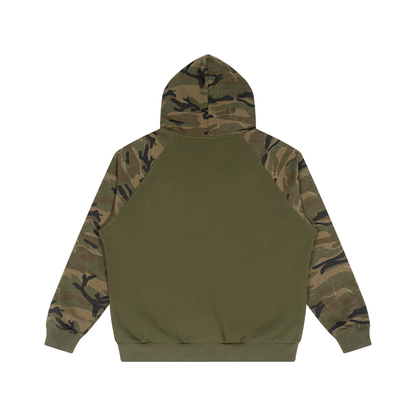 Unisex Camo-Splice Raglan Hoodie in army green with green camo, alternate angle