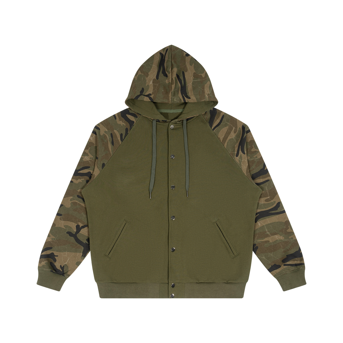 Unisex Camo-Splice Raglan Hoodie in army green with green camo