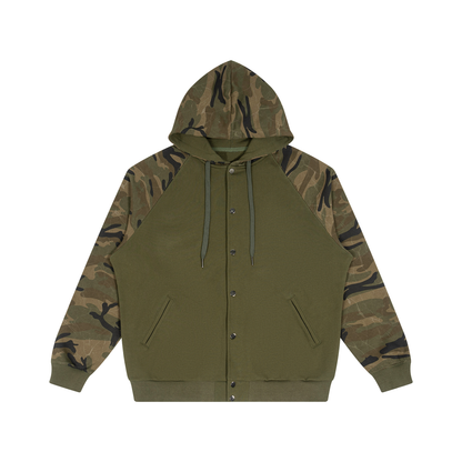 Unisex Camo-Splice Raglan Hoodie in army green with green camo