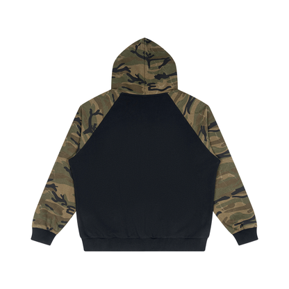 Unisex Camo-Splice Raglan Hoodie in black with green camo, alternate angle