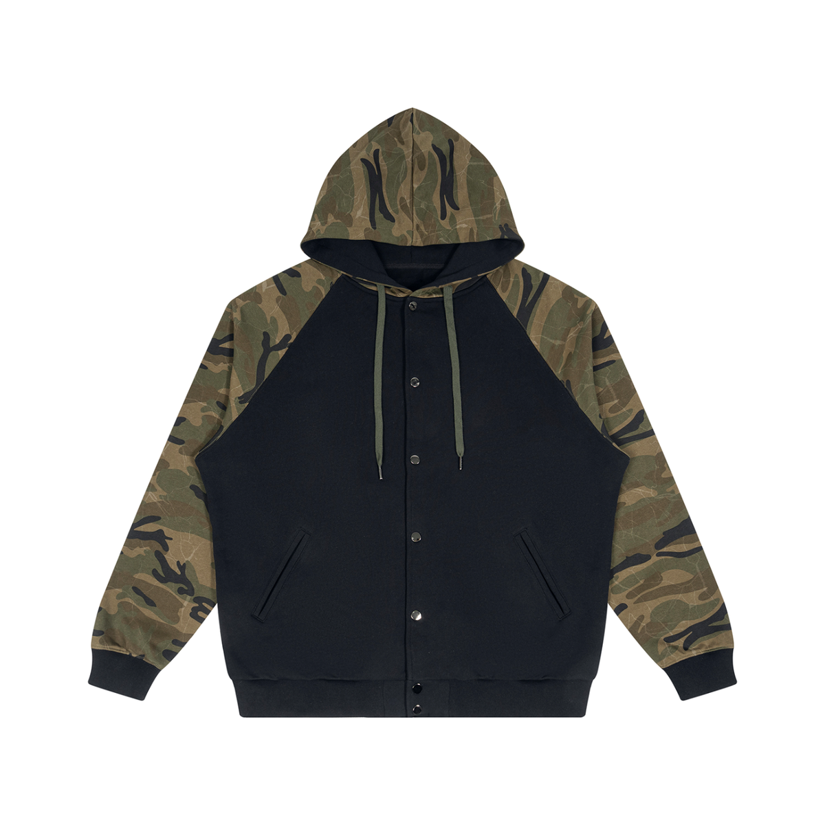 Unisex Camo-Splice Raglan Hoodie in black with green camo
