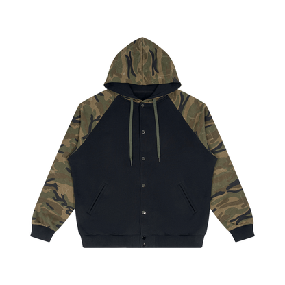 Unisex Camo-Splice Raglan Hoodie in black with green camo