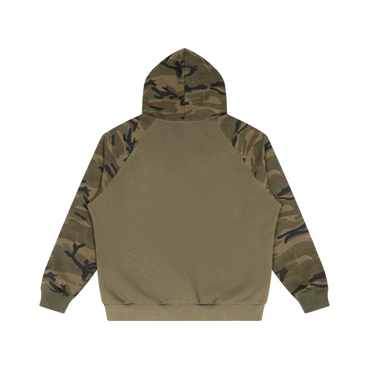 Unisex Camo-Splice Raglan Hoodie in khaki with green camo, alternate angle