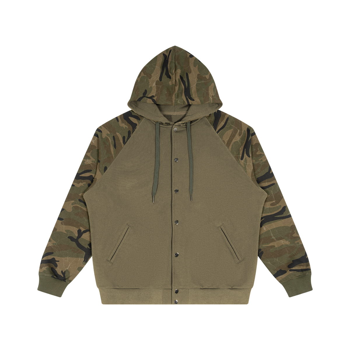 Unisex Camo-Splice Raglan Hoodie in khaki with green camo