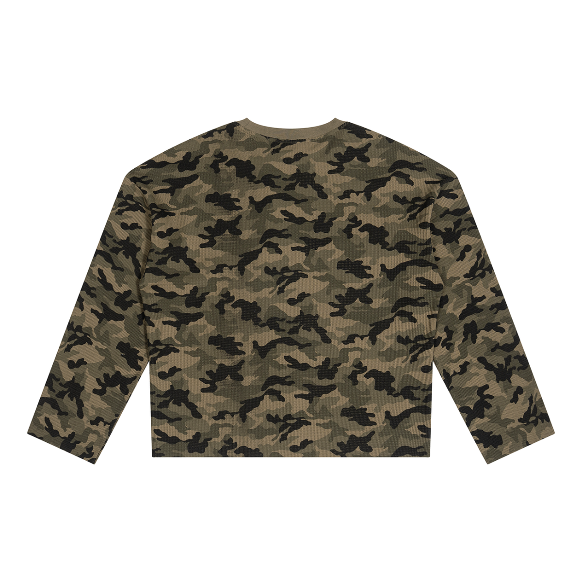 Unisex Camo Waffle Raw Edge T-Shirt in army green camo, alternate angle